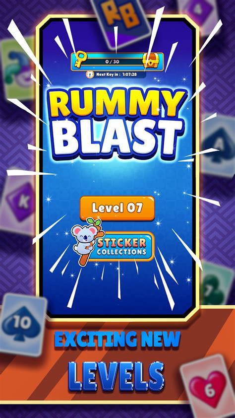 Screenshot of the Rummy Blast mobile app interface showing a game in progress.